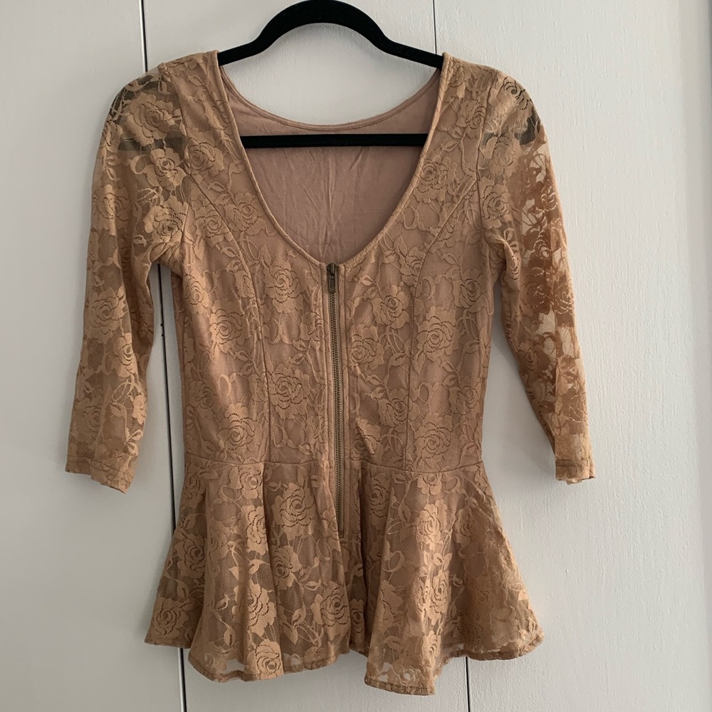 Lace Peplum Top with Front Zipper Tan/Cream